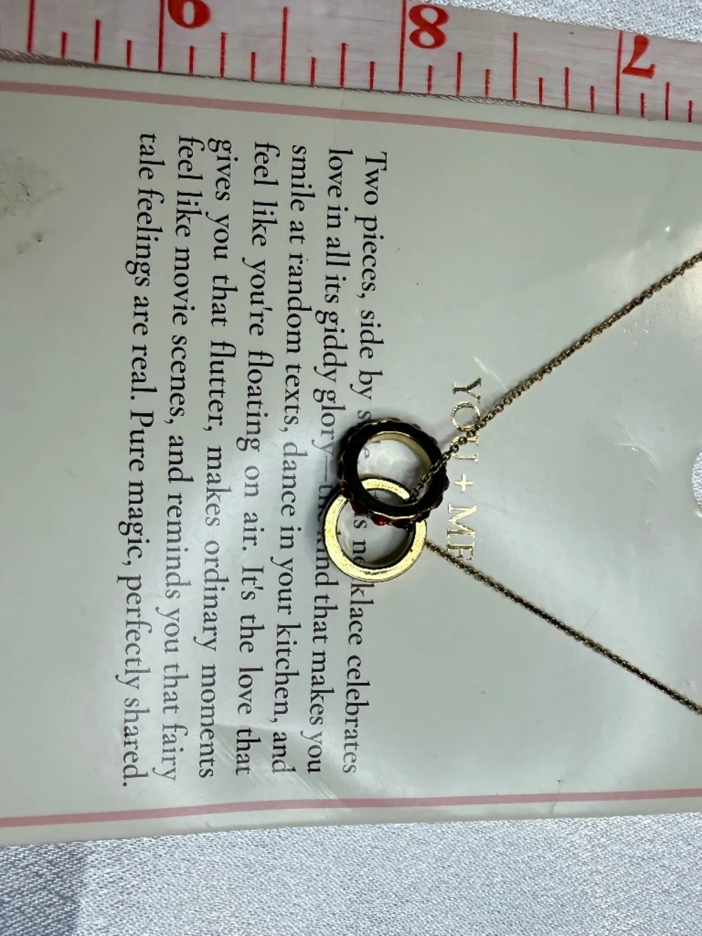 Tiny Tags You + Me Necklace 14K Gold Ion Plated LOVE Red Stones 16-18
